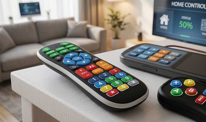 A selection of smart home remote controls and a gaming accessory featuring backlit Multi Color Silicone Keypads with vibrant color coded buttons on a living room coffee table