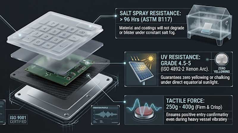 A technical infographic detailing the engineering specifications of Marine Equipment Silicone Keypads featuring an exploded view product diagram alongside callout