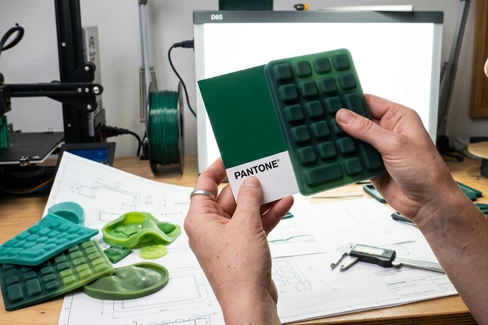 A tester is holding a green silicone keypad and Pantone color swatch and comparing the difference for a color matching test