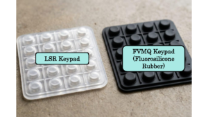 A transparent LSR silicone keypad and a black FVMQ keypad on the table
