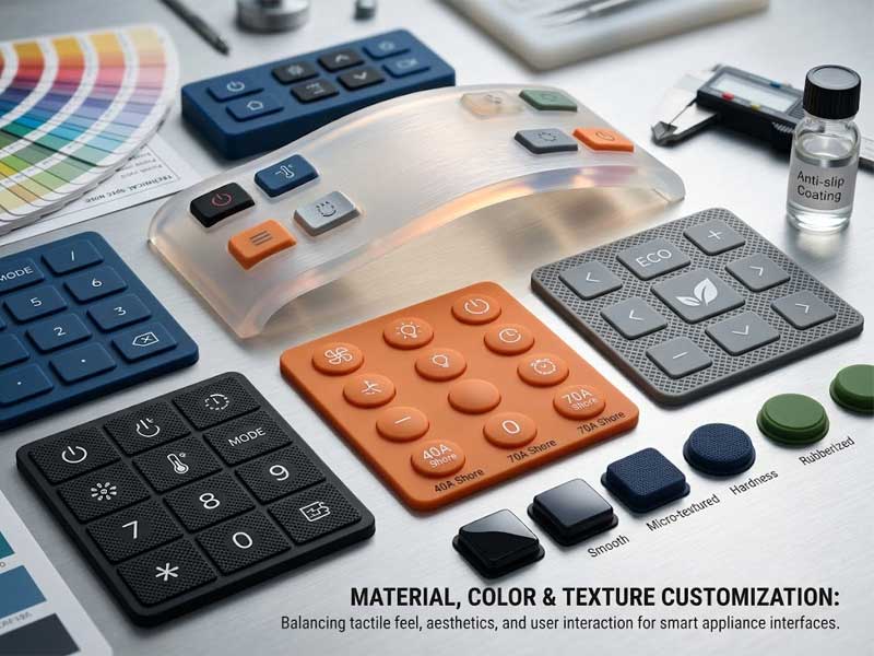 A variety of custom smart home appliances silicone keypads displayed on a metal workspace alongside color charts and material samples