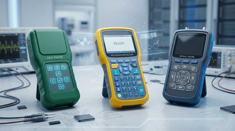 A variety of high tech field instruments equipped with Portable Diagnostic Silicone Keypads are presented in a laboratory setting
