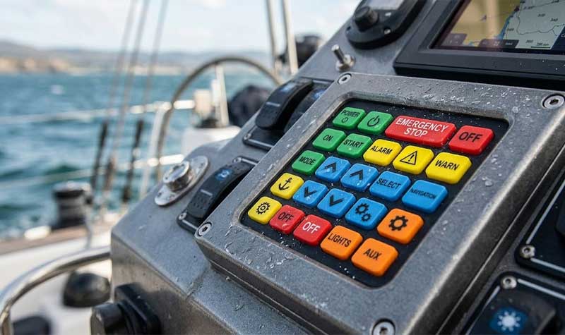 A waterproof marine control panel featuring Multi Color Silicone Keypads with color coded emergency and navigation buttons mounted on the dashboard of a boat at sea