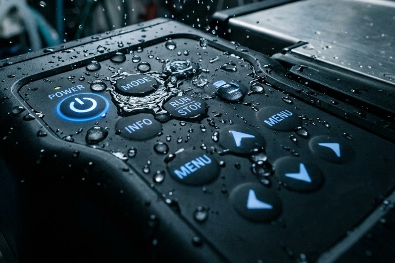 A waterproof silicone keypad is flashed by water in the ingress protection test