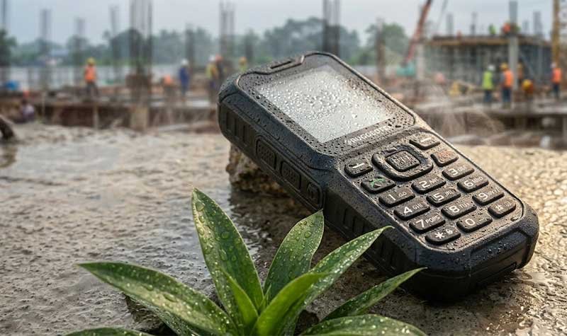 A wet ruggedized black telecommunications device with molded silicone keypads is positioned on a wet concrete surface with water droplets