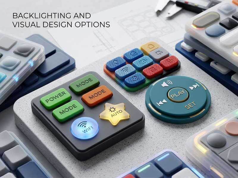 An assortment of custom smart home appliances silicone keypads featuring laser engraved icons translucent sections with glowing LED backlighting and colorful multi button designs
