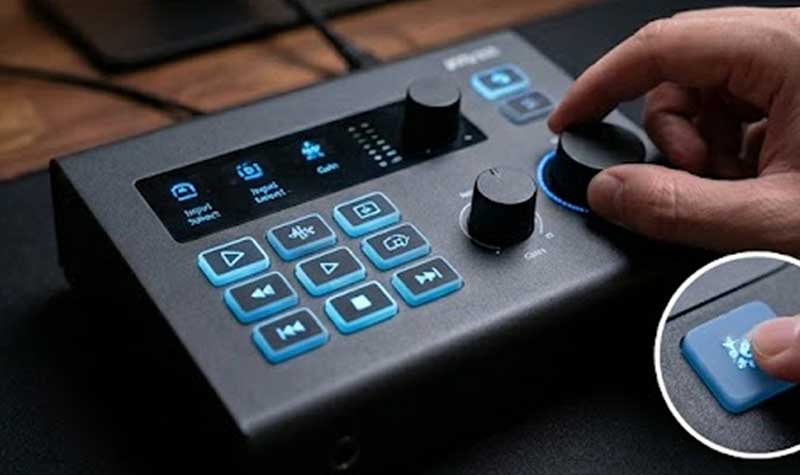 An audio control interface with glowing blue buttons and a circular inset showing a finger pressing a key to highlight Audio Gaming Devices Silicone Keypads