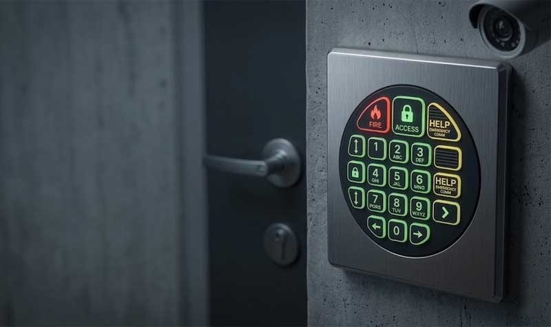 An emergency wall panel featuring a Glow in the Dark Silicone Keypad with color coded luminescent zones for fire and access control is mounted on a concrete wall next to a secured door