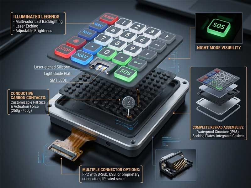 An exploded view infographic showcasing the illumination and integration options for Marine Equipment Silicone Keypads
