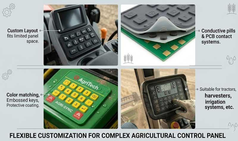 An industrial product infographic showcasing Agricultural Equipment Silicone Keypads