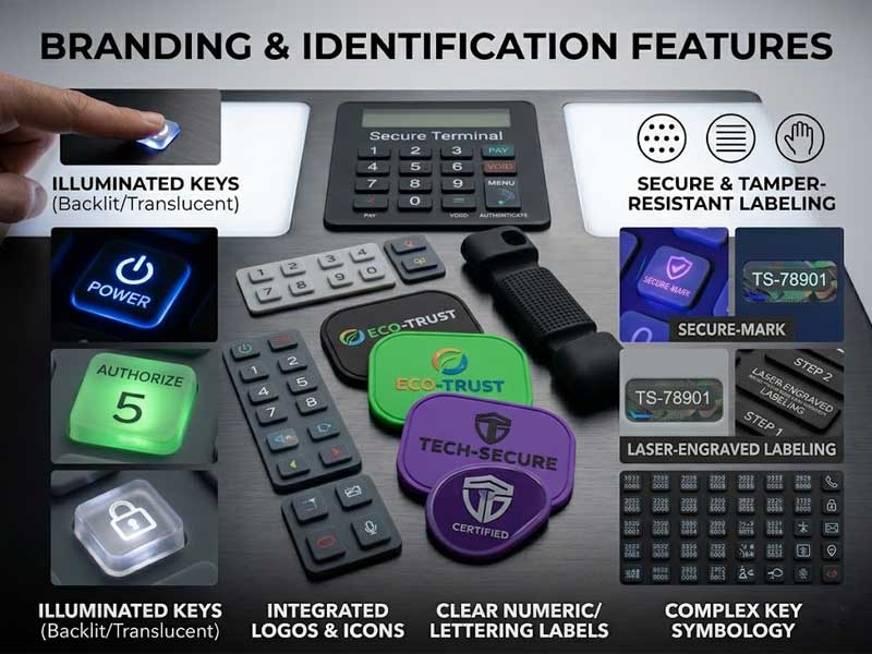 An infographic display titled Branding Identification Features for custom Financial Equipment Silicone Keypads