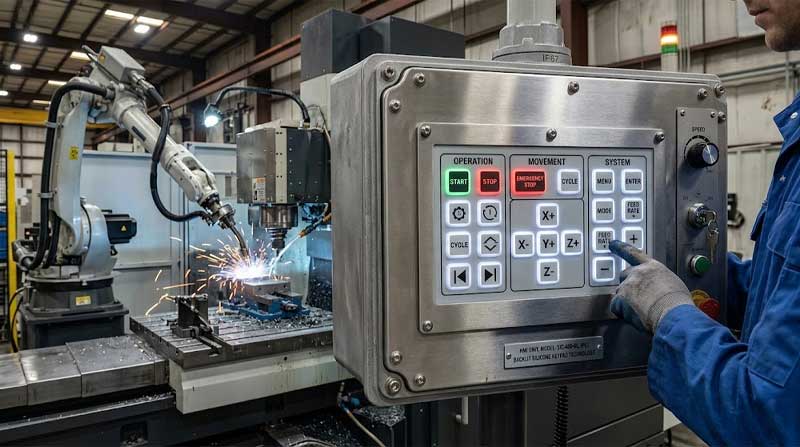 An operator in a blue uniform interacts with a stainless steel industrial control interface equipped with backlit silicone keypads