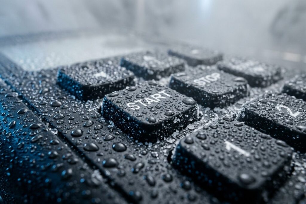 Details of a black silicone keypad are tested in a chamber by a salt fog chamber test