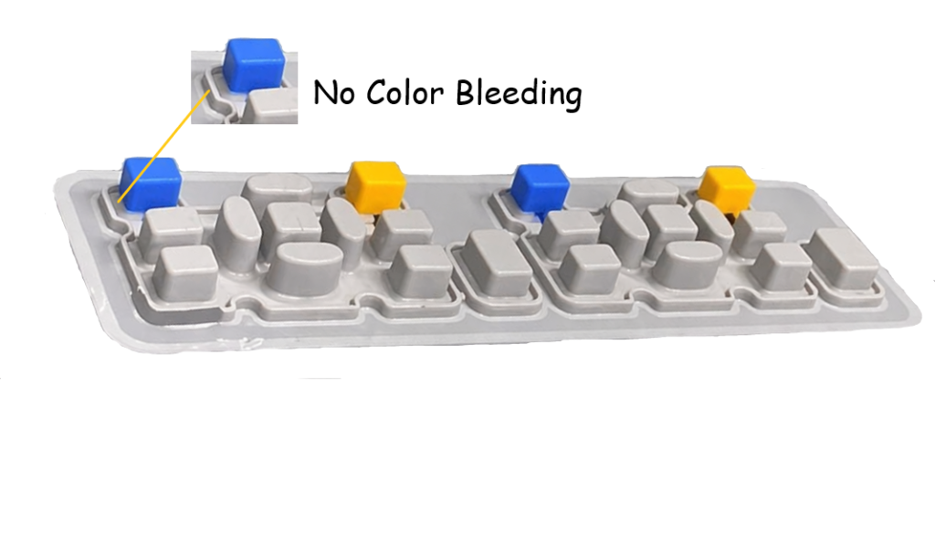 Dual-color silicone keypad molded by the overmolding process with neat and sharp coloring