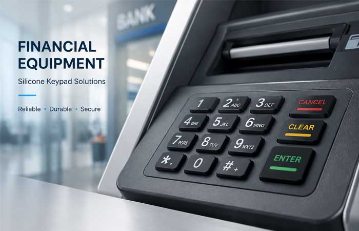 Financial Equipment Silicone Keypads on a sleek payment terminal in a modern office setting