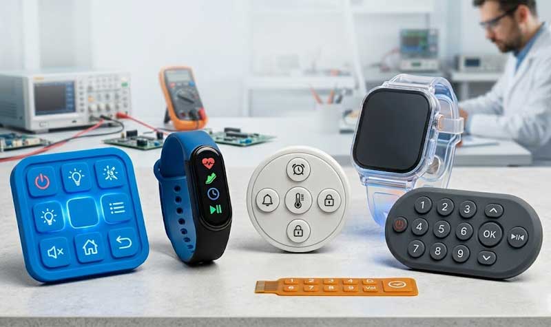 IoT Wearables Silicone Keypads a backlit smart home hub panel a fitness tracker band a circular multi function interface and a compact wireless controller