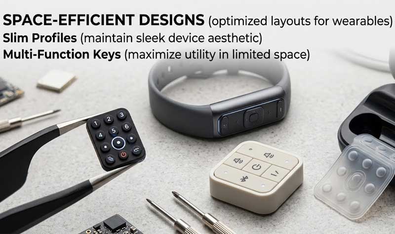 IoT Wearables Silicone Keypads being handled with tweezers alongside a slim profile smart wristband compact control modules and engineering tools