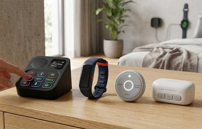 Remote Controls Silicone Keypads integrated into a smart hub console a fitness tracker band a circular wireless controller and a charging case