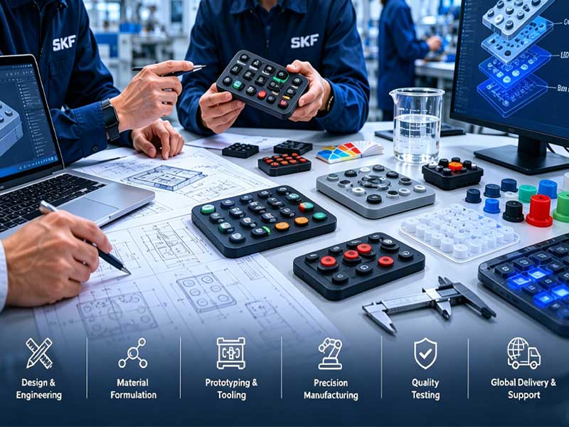 SKF Capabilities brochure style image showing engineers working on silicone keypad design and prototyping with text describing OEM focused customization ODM support