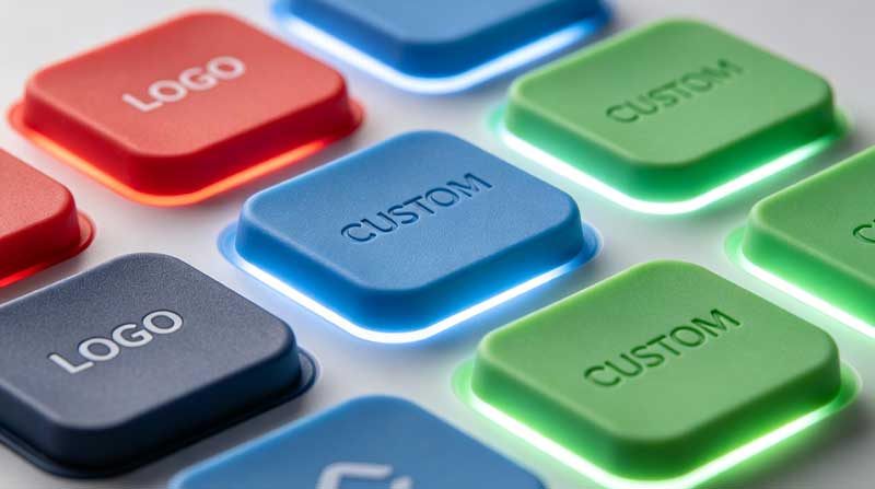 Silicone keypad buttons with color customization laser etched legends and LED backlighting for visual design and identification