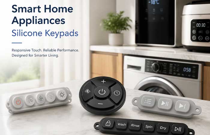 Smart Home Appliances Silicone Keypads displayed on a kitchen counter with washing machine and appliances in the background showing various key designs and layouts