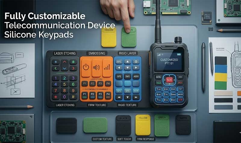Telecommunication Devices Silicone Keypads samples with diverse textures laser etched labels and vibrant colors alongside a rugged handheld radio