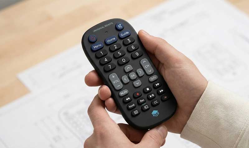 a designers hands holding a compact multi function remote control showcasing an optimized layout of customized remote controls silicone keypads over technical blueprints