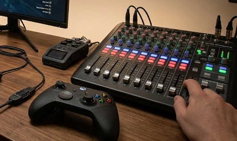 a desktop setup highlighting Audio Gaming Devices Silicone Keypads showing a hand adjusting a backlit mixing console alongside a gaming controller and a digital audio recorder