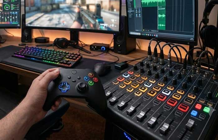 a handheld controller and a professional mixer both equipped with colorful illuminated Audio Gaming Devices Silicone Keypads