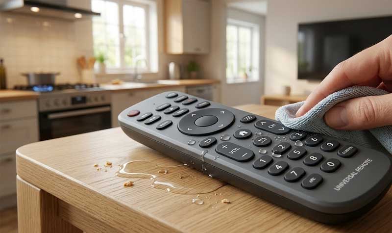 a person using a microfiber cloth to wipe spills off the water resistant surface of remote controls silicone keypads on a kitchen countertop