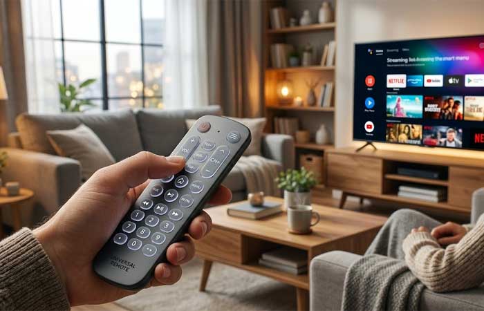a persons hand holding a modern smart remote control with backlit silicone keypads to control a smart TV in a cozy well lit living room