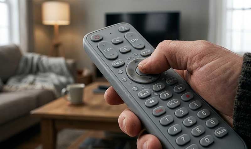 a persons hand pressing durable wear resistant remote controls silicone keypads on a grey remote control featuring minor water droplets set against a blurred living room background