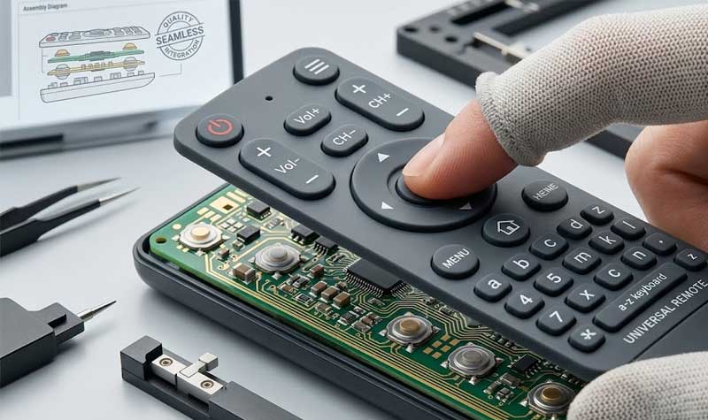 a worker aligning a molded layer of remote controls silicone keypads with an underlying green electronic circuit board during device assembly