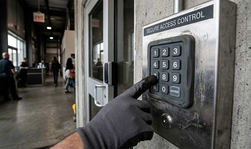 access control keypad mounted on a concrete wall is operated by a person wearing a protective glove in a high traffic industrial facility hallway