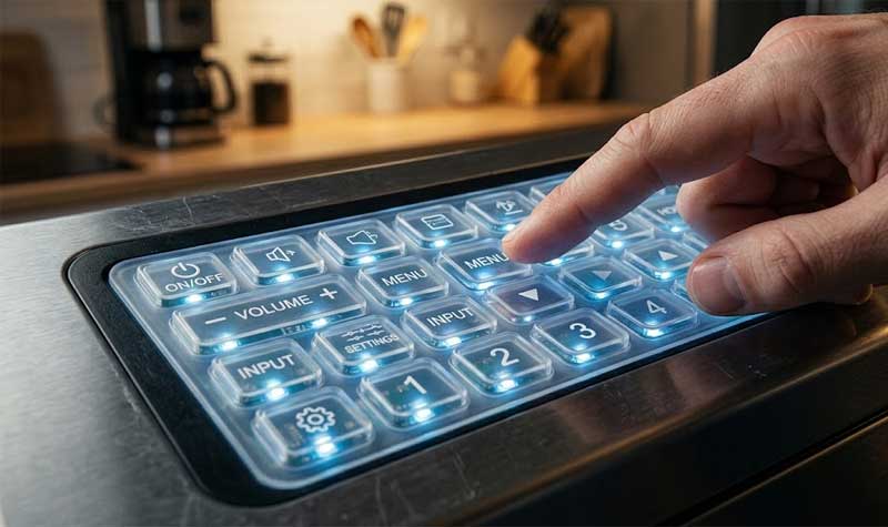 consumer electronic device in a kitchen setting featuring backlit Transparent Silicone Keypads with glowing blue LED illumination and printed functional symbols on a durable interface