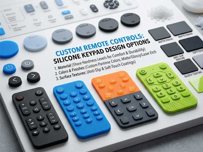custom Remote Controls Silicone Keypads with options for different Shore A hardness levels vibrant custom colors and various surface finishes like matte glossy and anti slip
