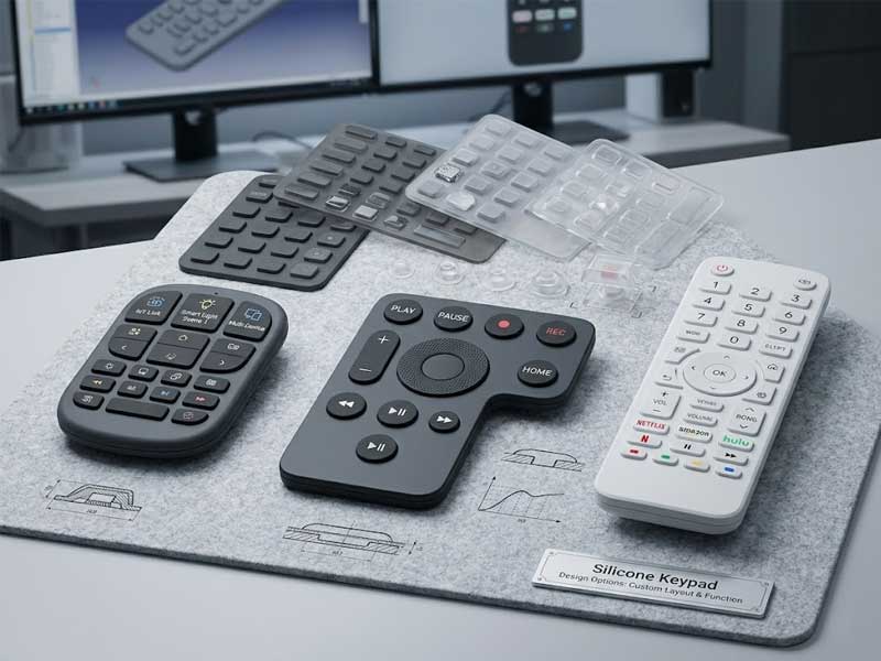 custom remote controls silicone keypads in different colors shapes and button layouts are displayed on a design mat alongside finished remotes and CAD screens 1