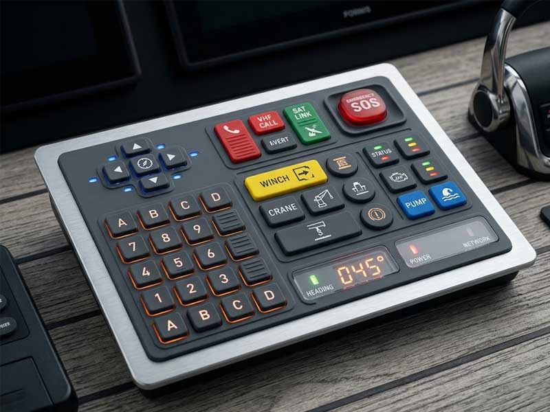 customized Marine Equipment Silicone Keypads with a multi zone layout featuring color coded buttons integrated functional icons and built in indicator windows on a marine console