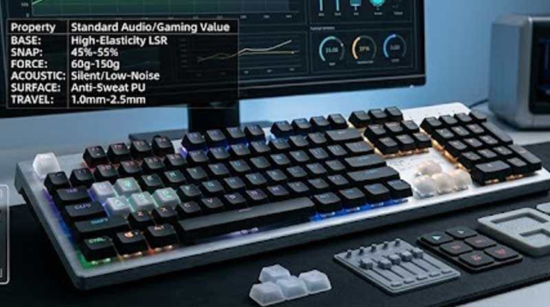 gaming keyboard and various silicone keypad components alongside a technical data overlay to highlight the engineering standards for Audio Gaming Devices Silicone Keypads