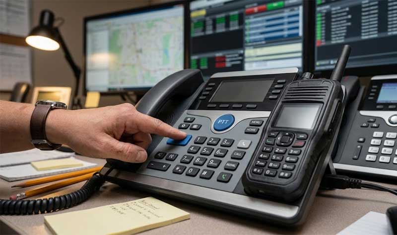 hand pressing a button on a multi line desk phone next to a two way radio in a command center highlighting the durable Telecommunication Devices Silicone Keypads