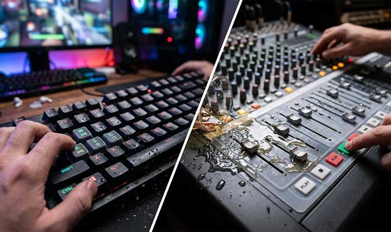 hands operating a gaming keyboard covered in water droplets on the left and an audio mixing console with liquid spilled over its durable control panel on the right
