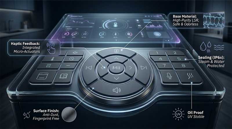 high tech smart home appliance interface featuring sleek matte finish Smart Home Appliances Silicone Keypads with backlit icons a central control dial and futuristic overlay labels