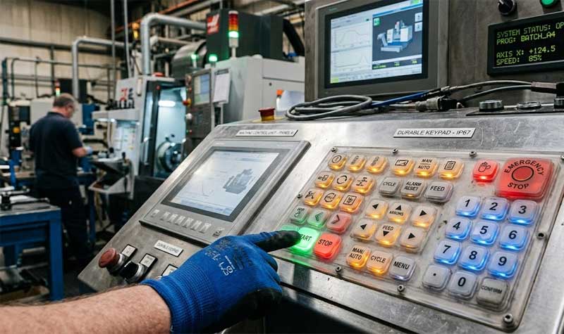 industrial control panel featuring Transparent Silicone Keypads with glowing backlighting and printed symbols integrated into a heavy duty factory machinery interface