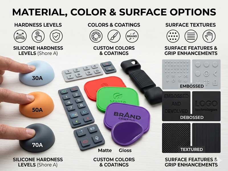 infographics display demonstrating Material Color Surface Options for custom Financial Equipment Silicone Keypads