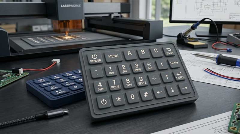 laser etched silicone keypads with clear white alphanumeric characters on a dark grey surface positioned in a professional electronics laboratory environment