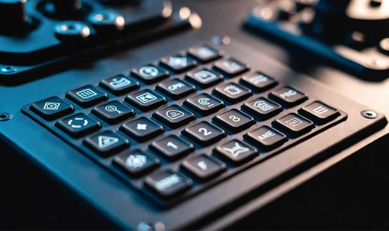 laser etched silicone keypads with crisp high contrast symbols on a sleek dark matte control panel dramatically lit with cool blue highlights in an industrial setting