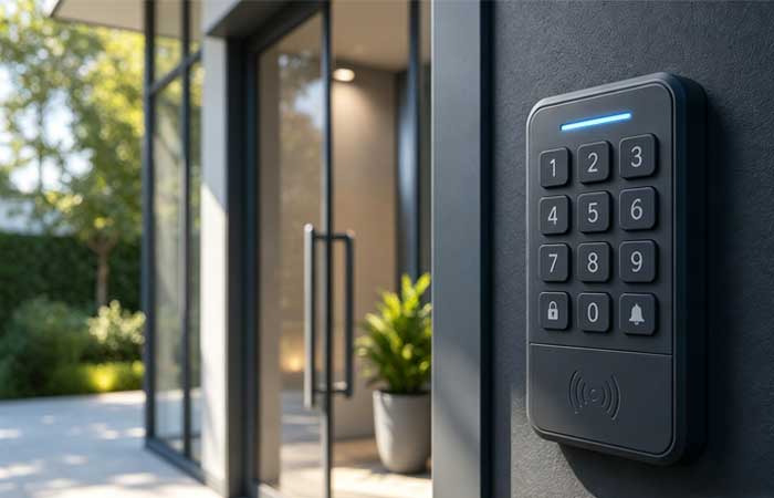 modern black Security Access Control Silicone Keypads mounted on a building exterior wall next to a glass entrance door
