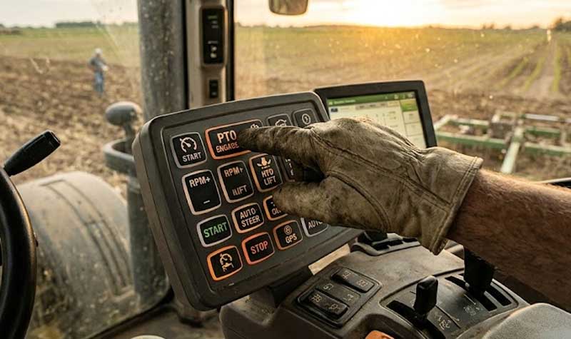 operator wearing a thick leather work glove pressing a button on heavy duty Agricultural Equipment Silicone Keypads within a tractor cab during sunset