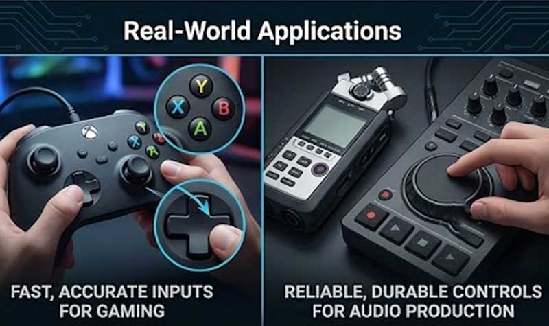 silicone keypads on audio and gaming devices featuring a person holding a gaming controller on the left and another adjusting a sleek audio production console and recorder on the right