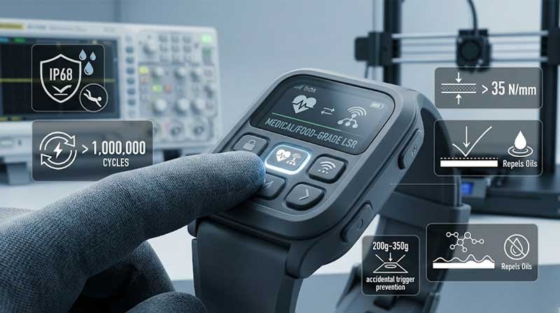 technical demonstration of a gloved hand pressing a button on a medical grade smartwatch interface to highlight the engineering specifications of IoT Wearables Silicone Keypads